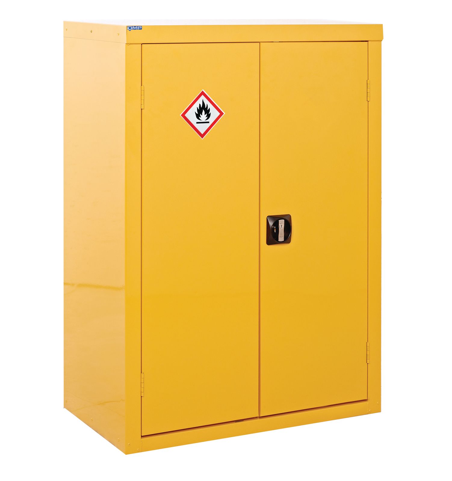 Yellow storage cabinet with a hazardous materials symbol on a white background