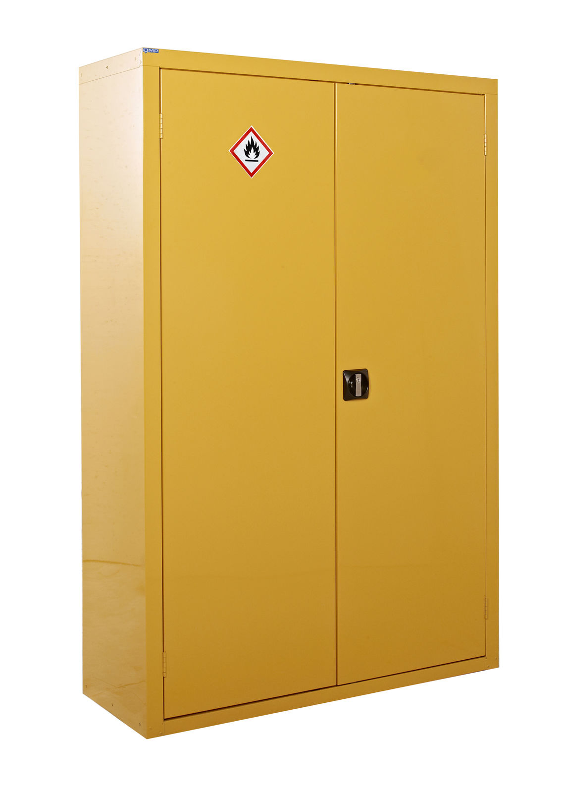 Yellow storage cabinet with a fire hazard symbol on a white background