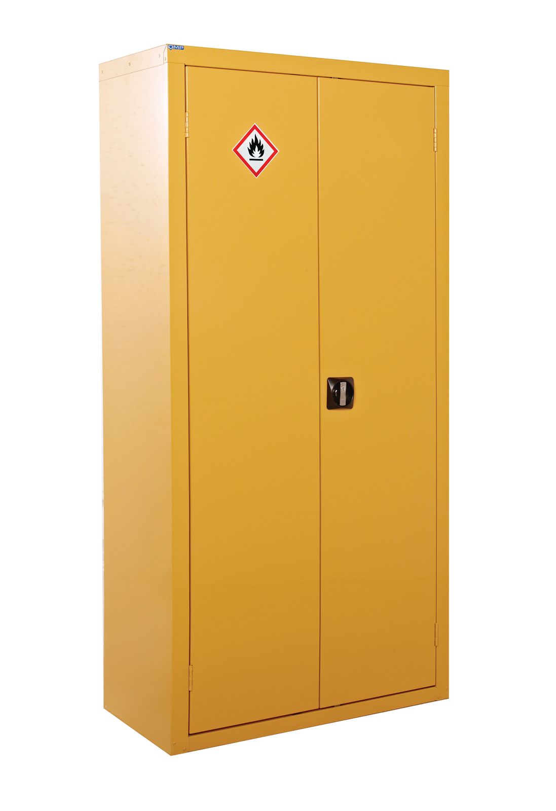 Yellow storage cabinet with a fire hazard label on a white background