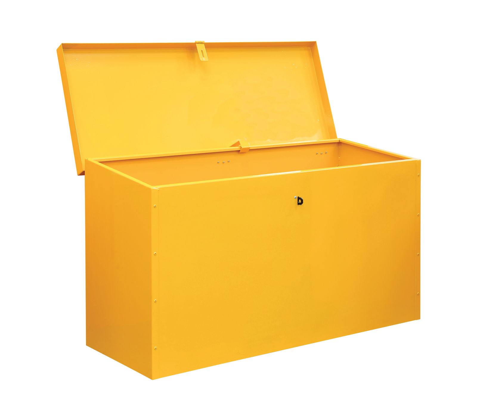 Yellow metal storage chest with open lid on a white background
