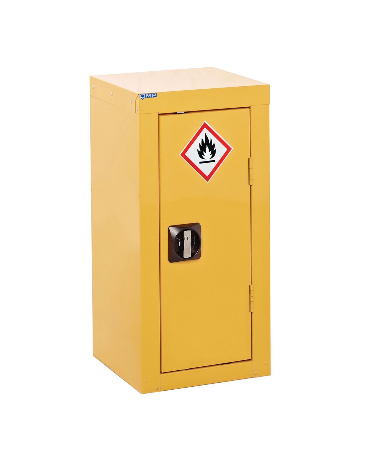 Yellow safety cabinet with a fire hazard symbol on a white background