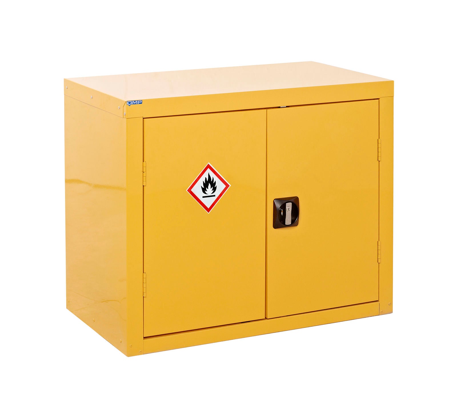 Yellow storage cabinet with a hazardous materials symbol on a white background