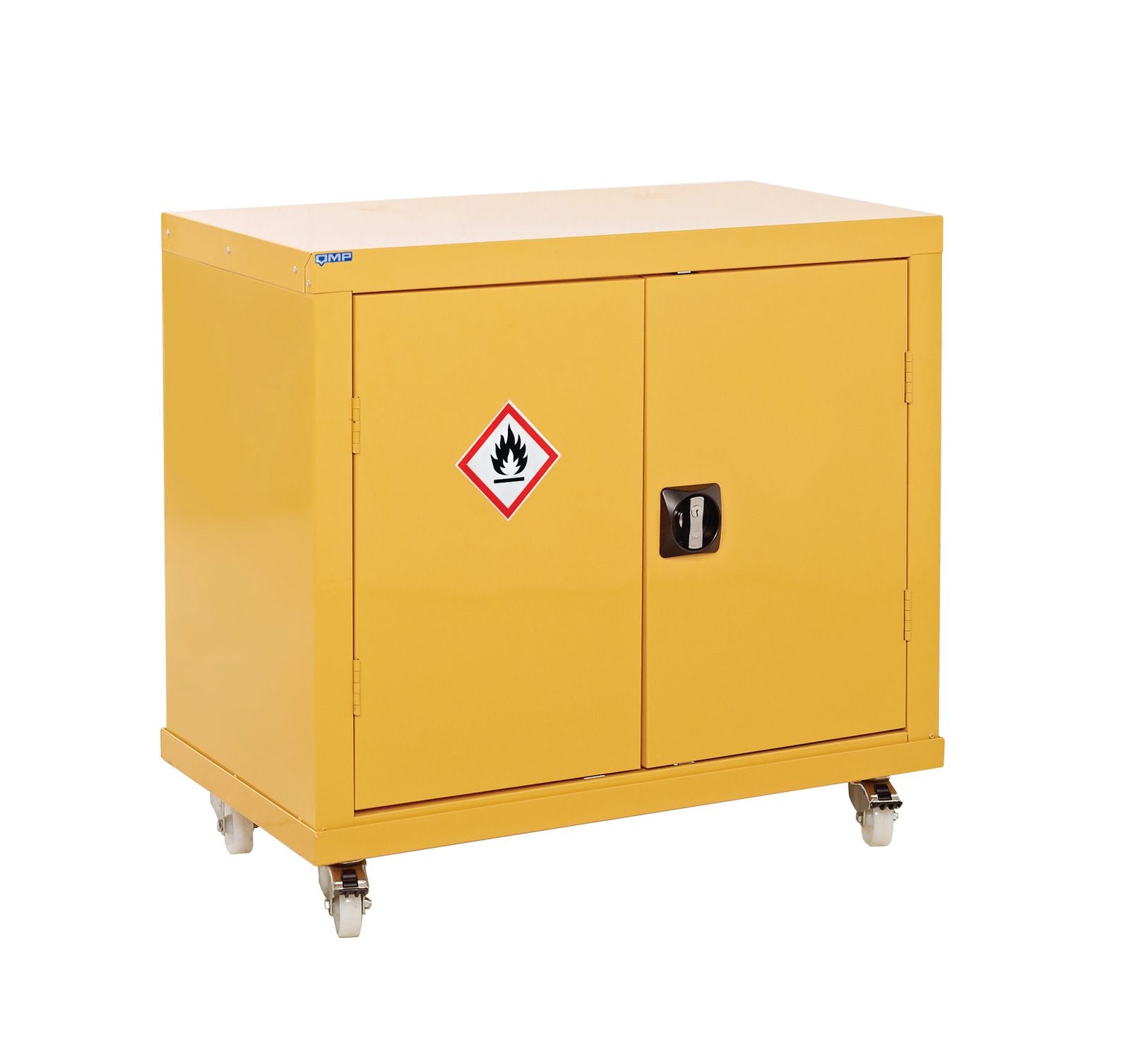 Yellow storage cabinet with hazardous material warning label on a white background