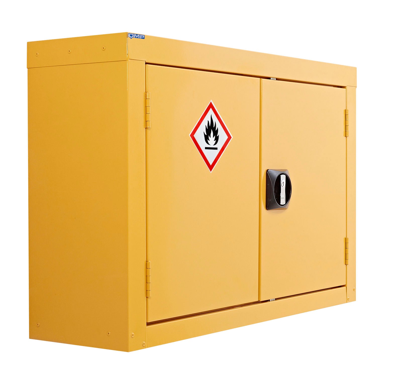 Yellow safety cabinet with a flammable warning label on a white background