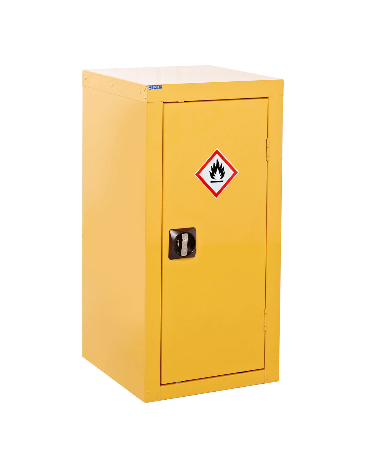 Yellow safety cabinet with a fire hazard symbol on a white background