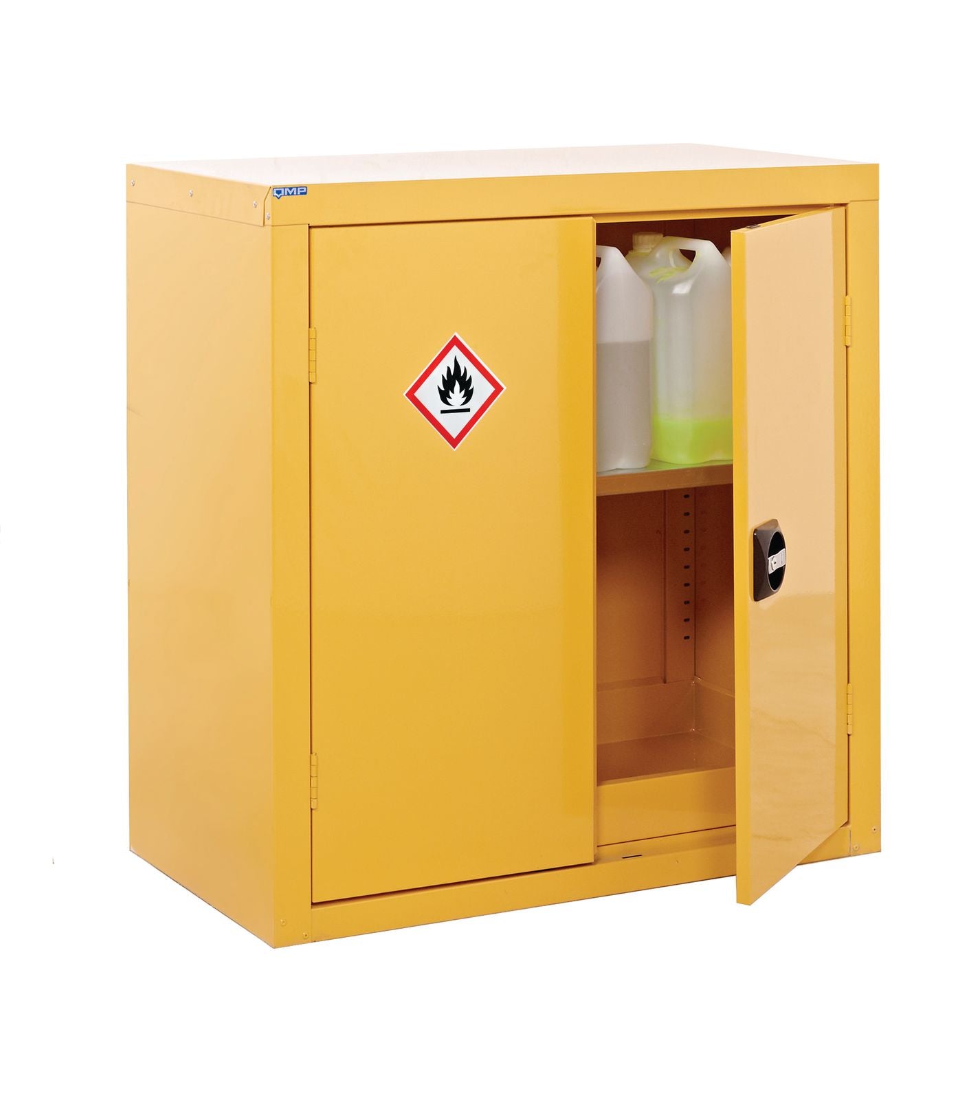 Yellow safety cabinet with hazardous material label on a white background