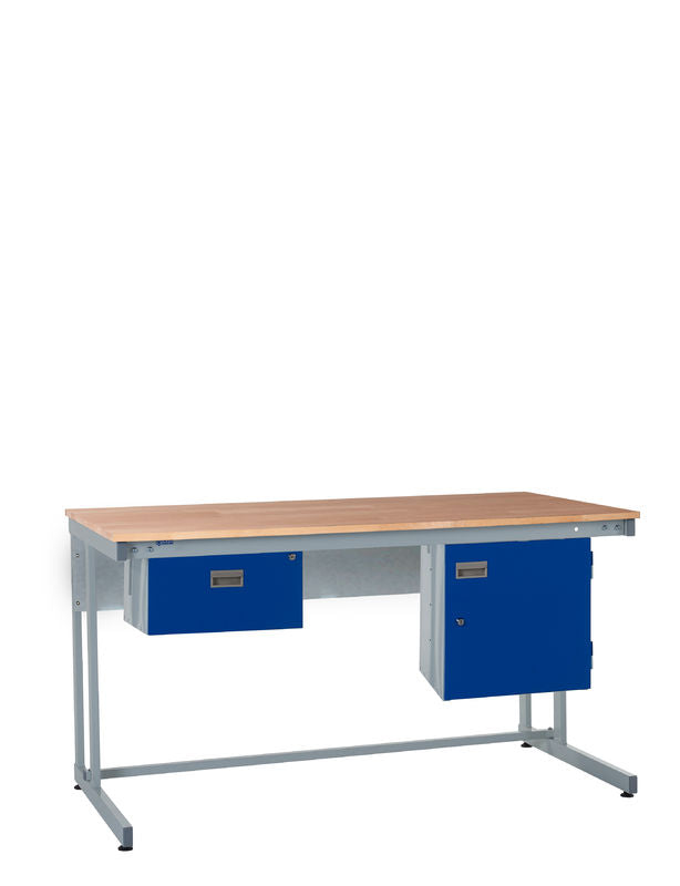 Workstation desk with blue cabinets on a white background