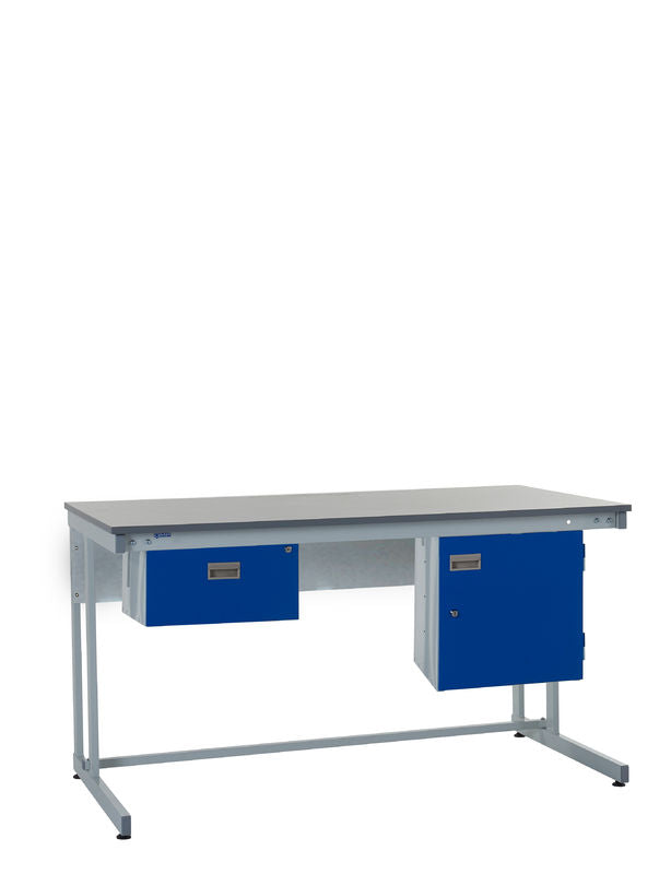 Workbench with blue drawers on a white background