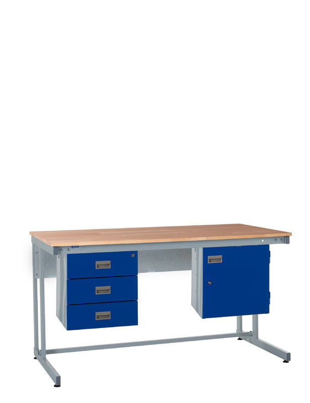 Workstation with a wooden top and blue storage drawers on a white background