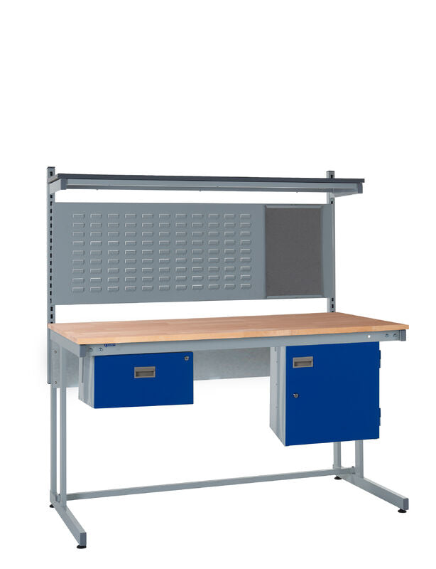 Workbench with blue drawers and a wooden top on a white background