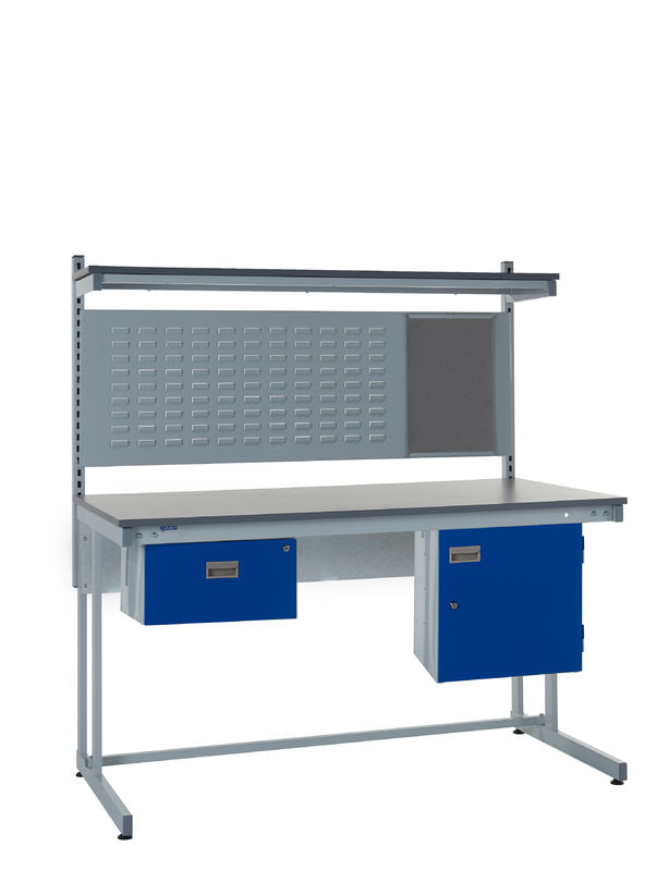 Workbench with blue drawers and metal surface on a white background