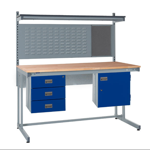 Workbench with blue drawers and a wooden top on a white background