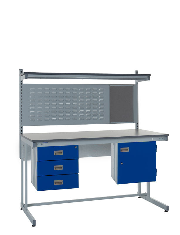 Workbench with blue drawers and a pegboard on a white background