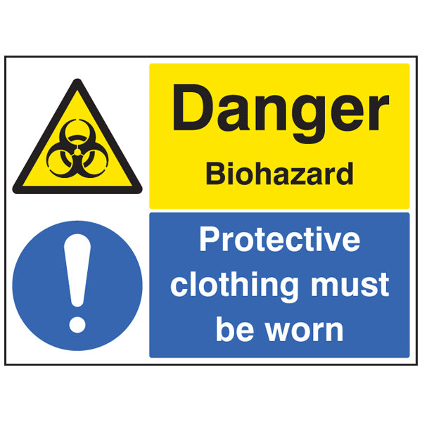 Danger biohazard sign with clear instruction that protective clothing must be worn.
