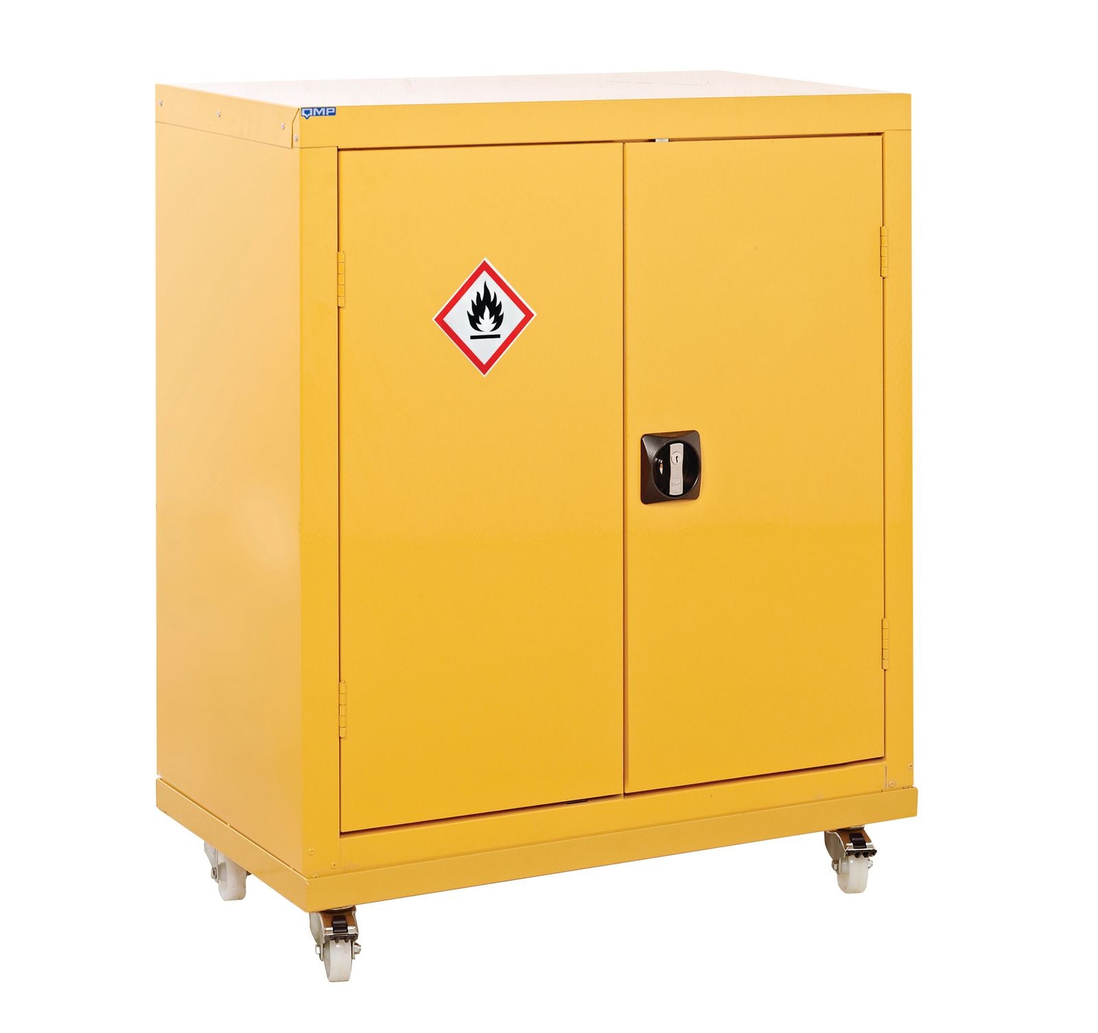 Yellow storage cabinet with hazardous material symbol on a white background