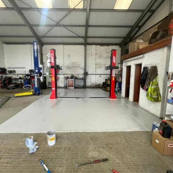 Grey epoxy floor paint in garage with car