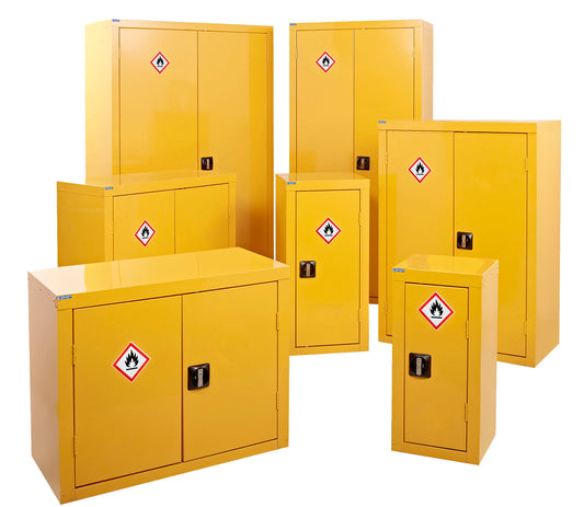 Set of yellow storage cabinets with hazardous material symbols on a white background