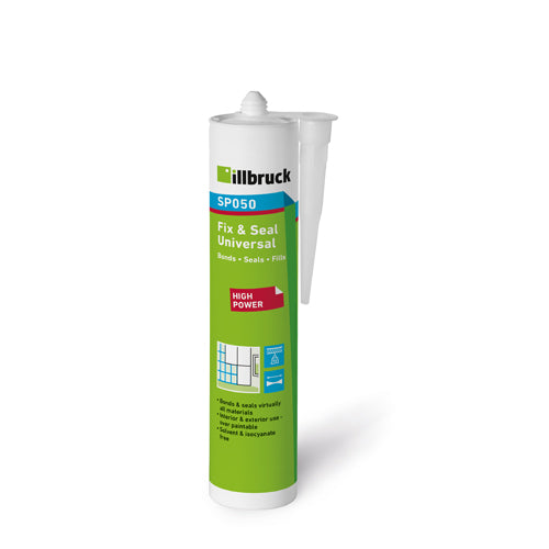 A tube of illbruck SP050 Fix & Seal Universal adhesive sealant, featuring a white and green label with a blue accent stripe, shown on a clean white background.