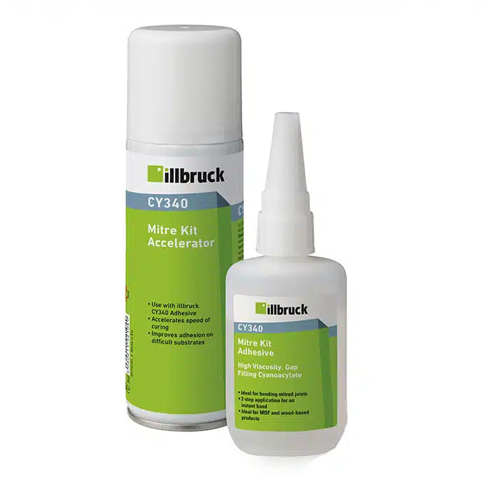 A bottle and a can of illbruck CY340 Mitre Kit Accelerator high viscosity glue, shown on a plain white background.