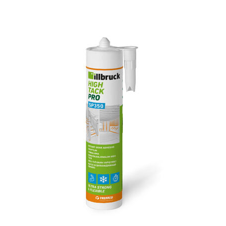 A tube of Millbruck High Tack Pro SP350 adhesive sealant, featuring a white and green label with orange accents, shown on a clean white background.