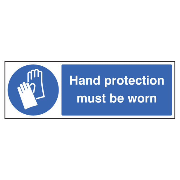 Sign showing that hand protection must be worn before entering a hazardous area
