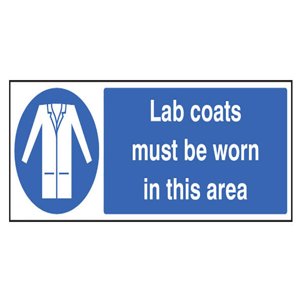Sign showing a lab coats symbol, with Lab coats must be worn in this area message to highlight the need to wear PPE clothing. 