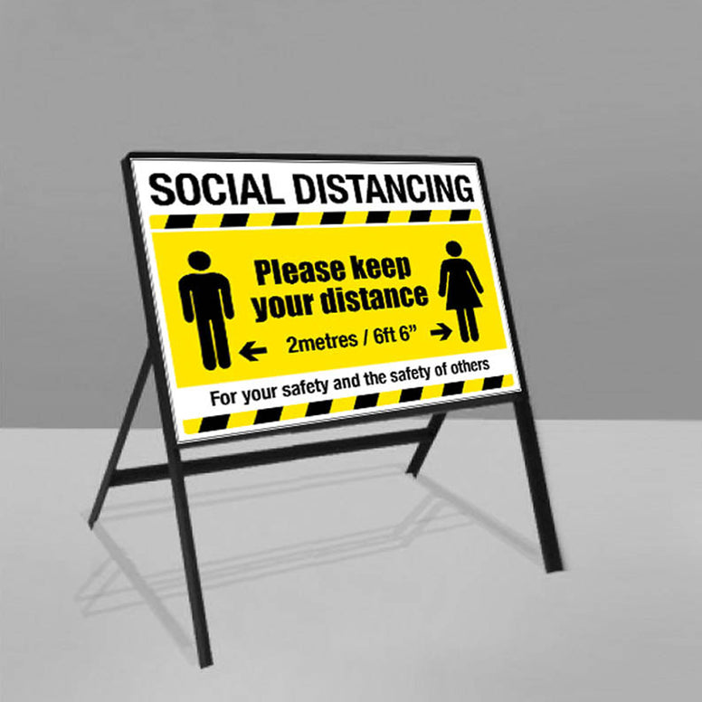 PVC social distancing sign, supplied with steel frame and mounting clips