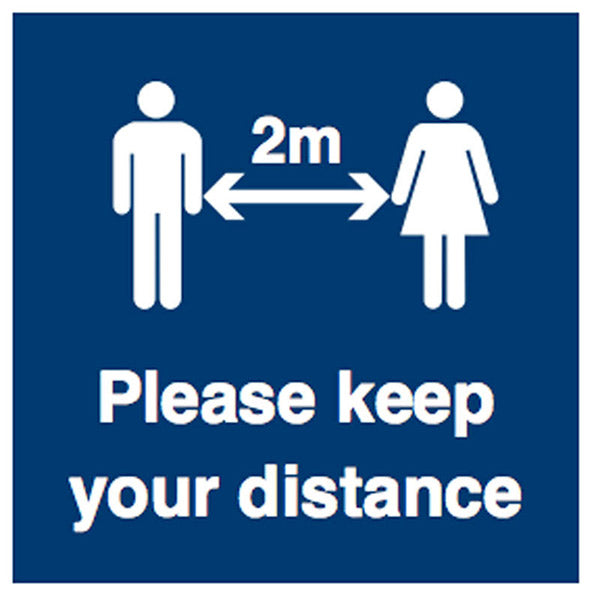 Graphic sign displaying the keep your 2M distance message
